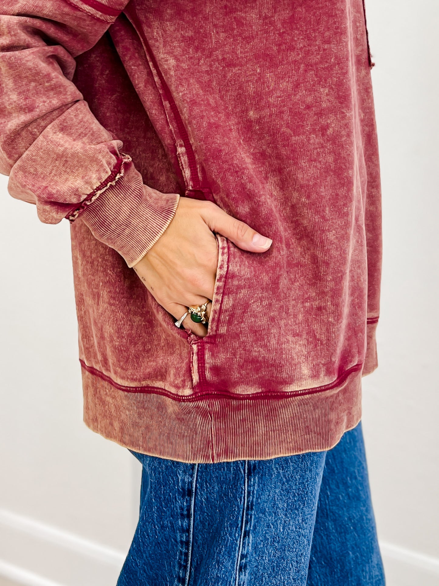 FRENCH TERRY ACID WASH RAW EDGE PULLOVER WITH POCKETS-A