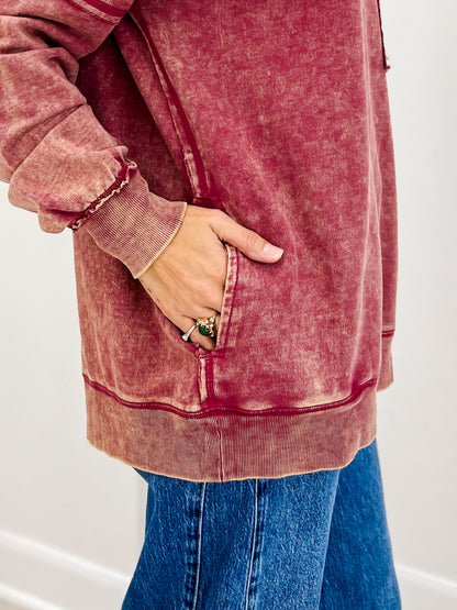 FRENCH TERRY ACID WASH RAW EDGE PULLOVER WITH POCKETS-A