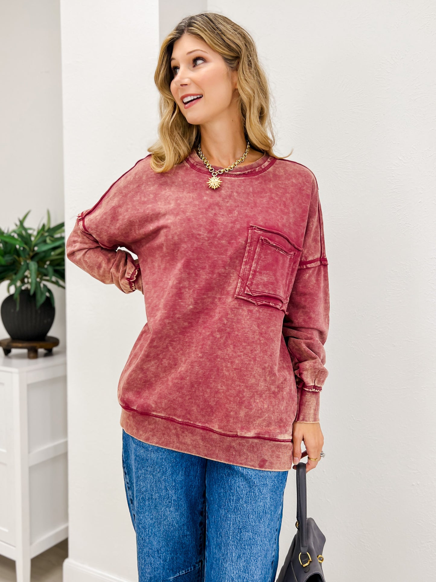 FRENCH TERRY ACID WASH RAW EDGE PULLOVER WITH POCKETS-A