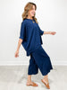 Solid Jacquard Loose Fit Top with Wide Leg Pants Set in Navy