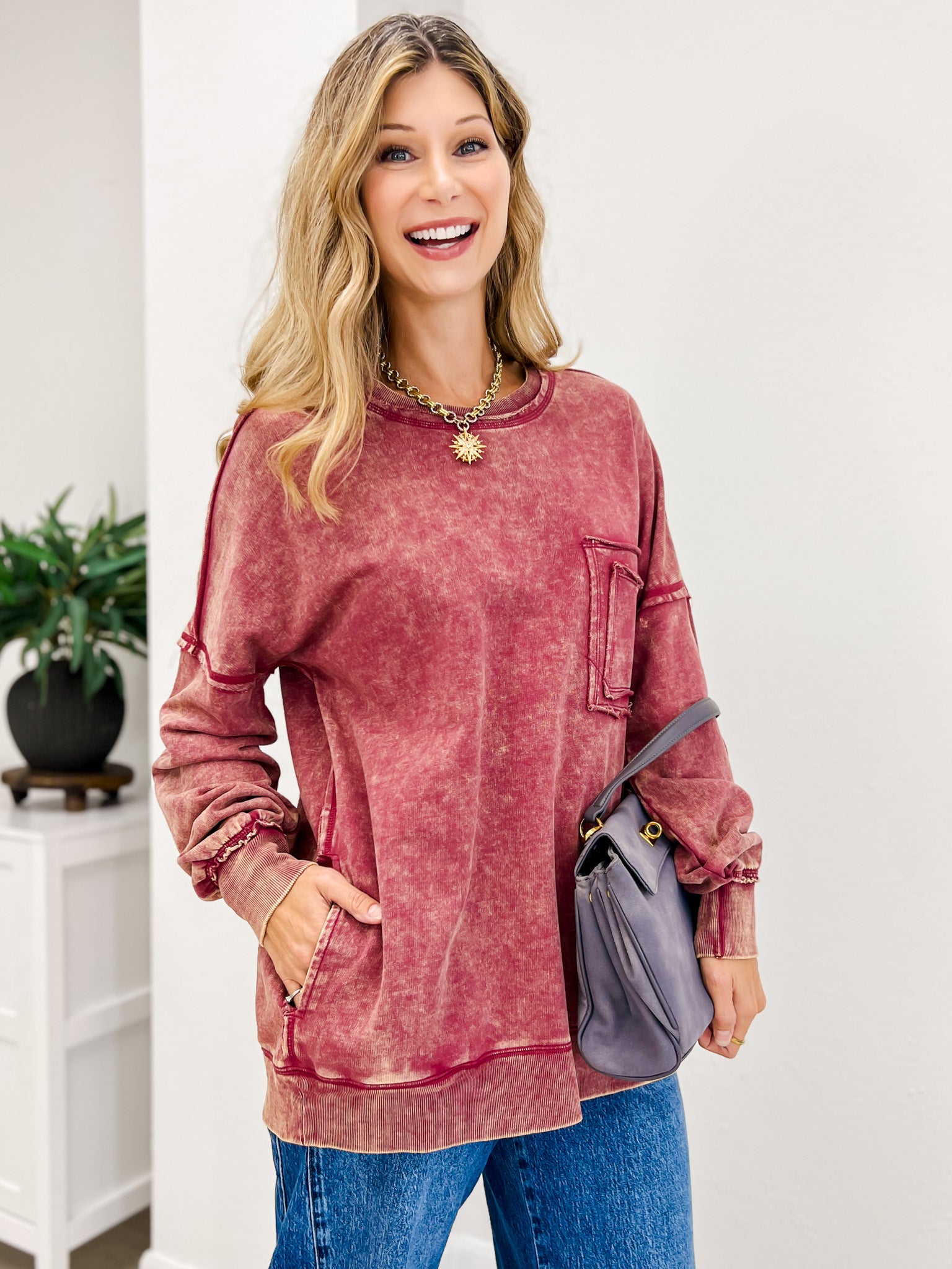 FRENCH TERRY ACID WASH RAW EDGE PULLOVER WITH POCKETS-A