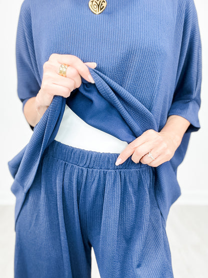 Solid Jacquard Loose Fit Top with Wide Leg Pants Set in Navy