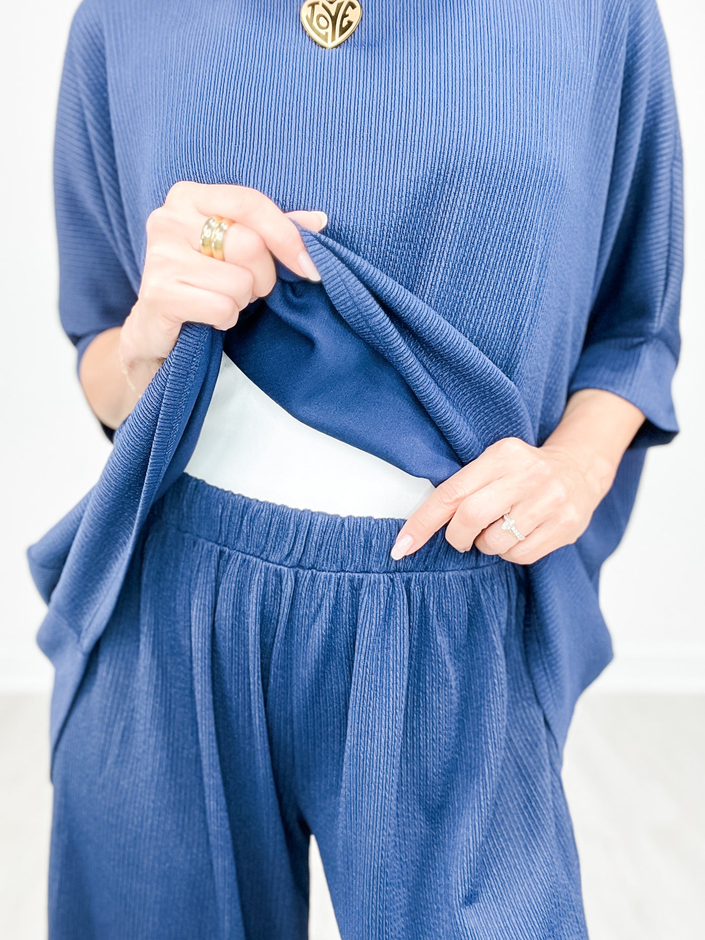 Solid Jacquard Loose Fit Top with Wide Leg Pants Set in Navy