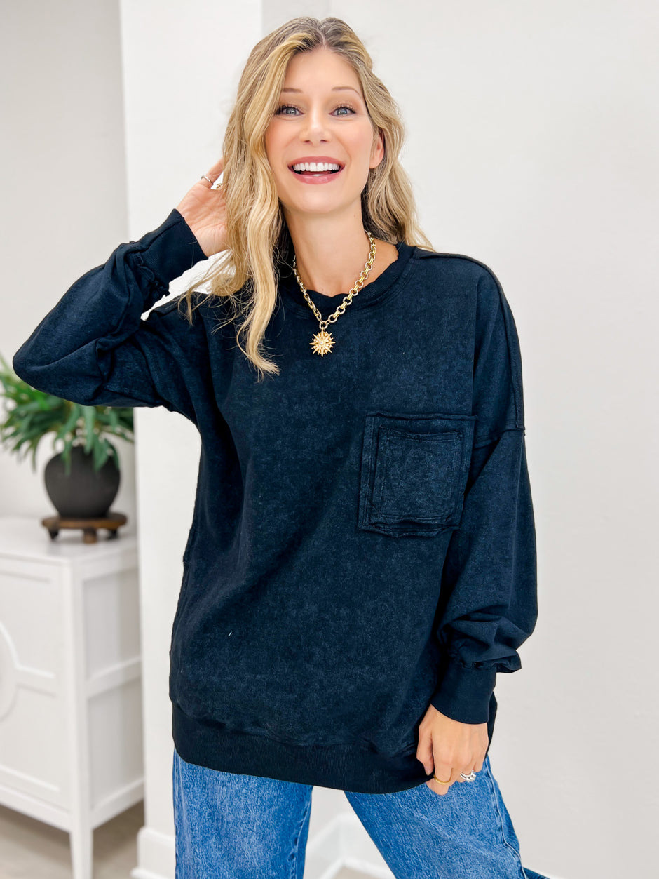 FRENCH TERRY ACID WASH RAW EDGE PULLOVER WITH POCKETS-Black
