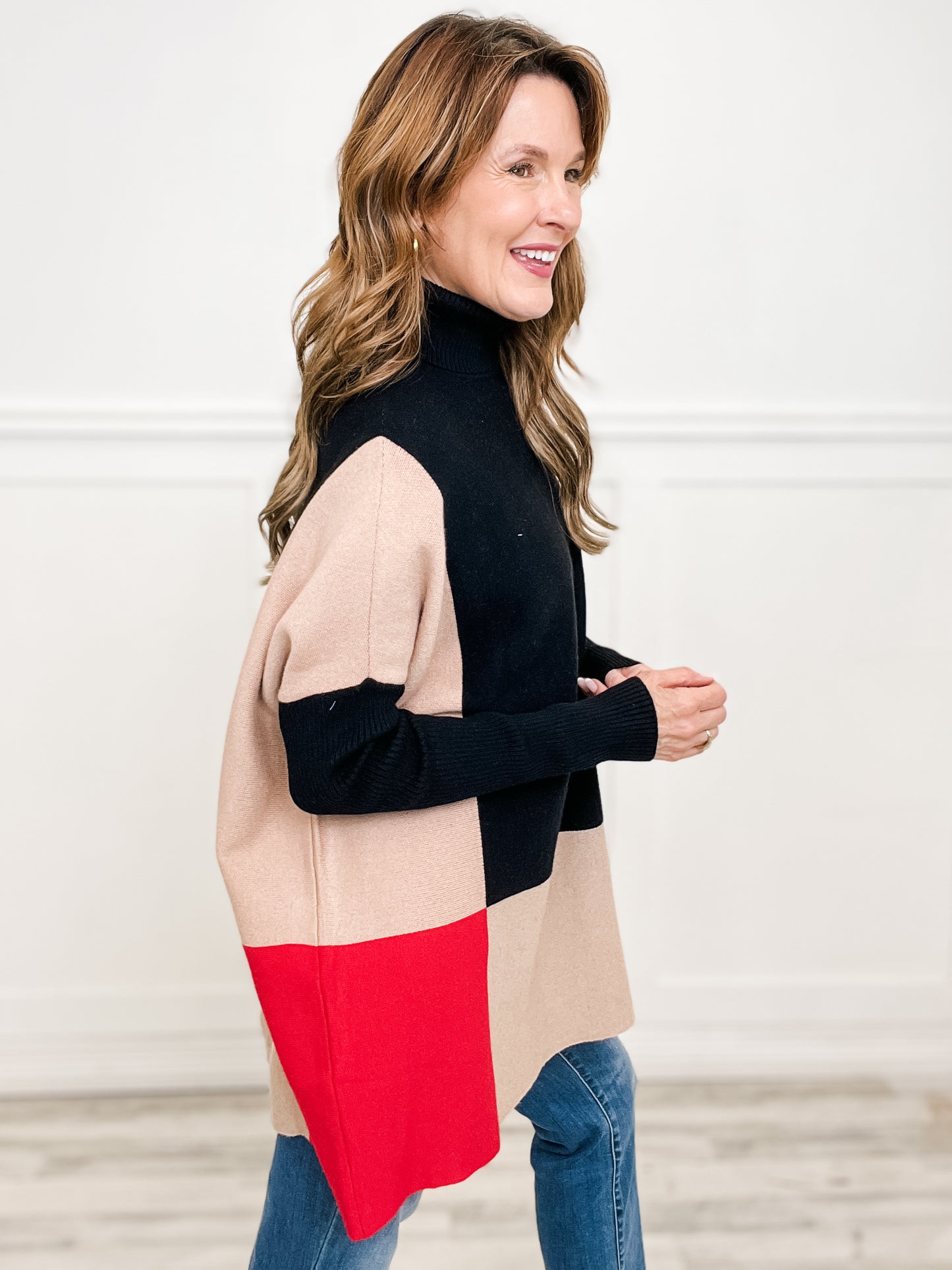 Color Block Turtle Neck Tunic Length Sweater