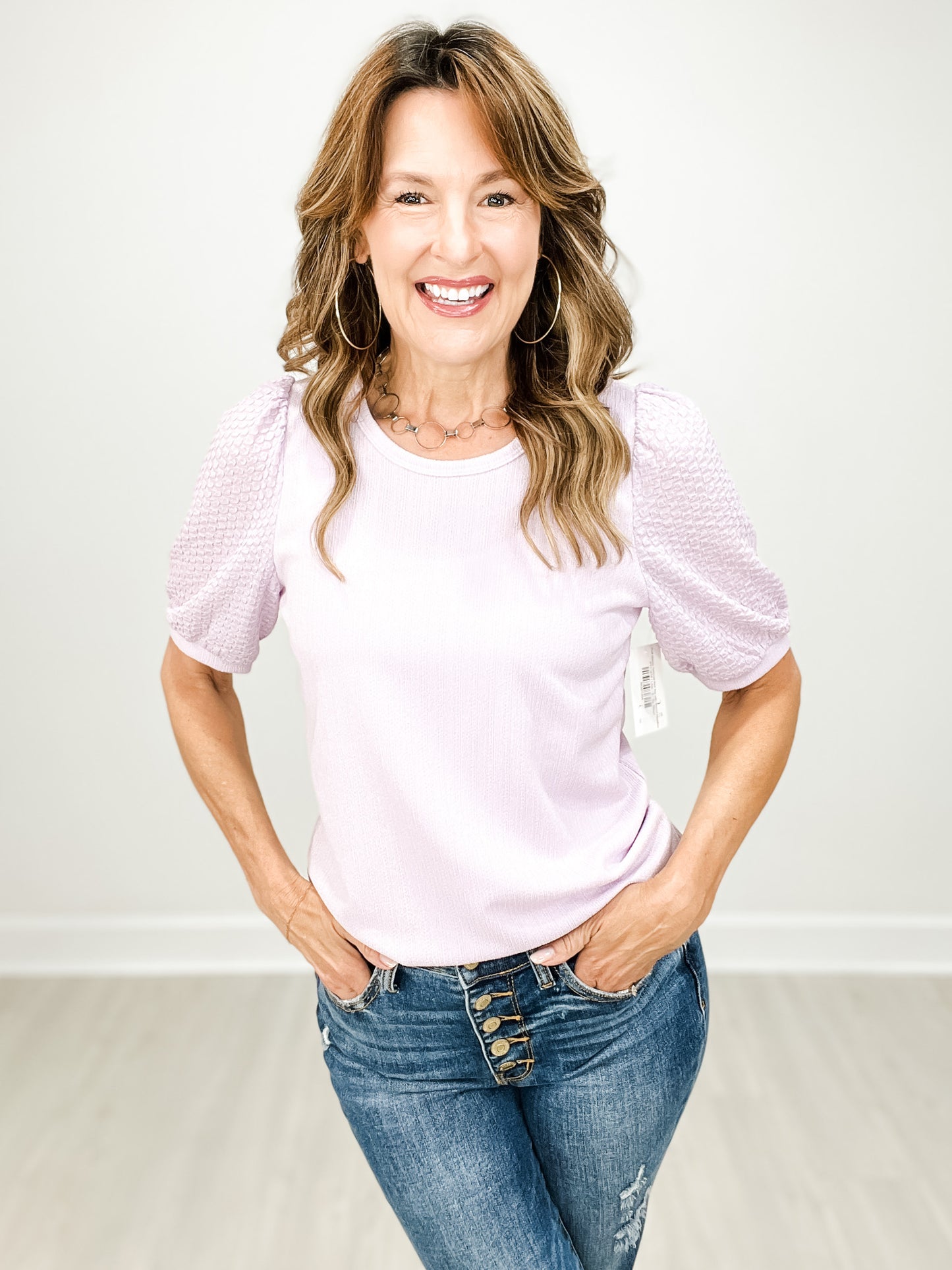 Puff Sleeve Textured Knit Top with Round Neckline