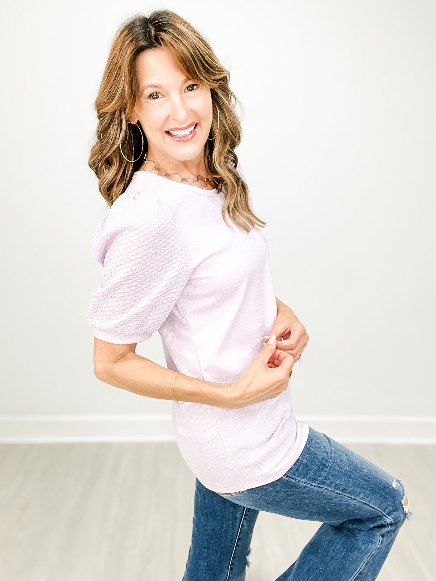 Puff Sleeve Textured Knit Top with Round Neckline