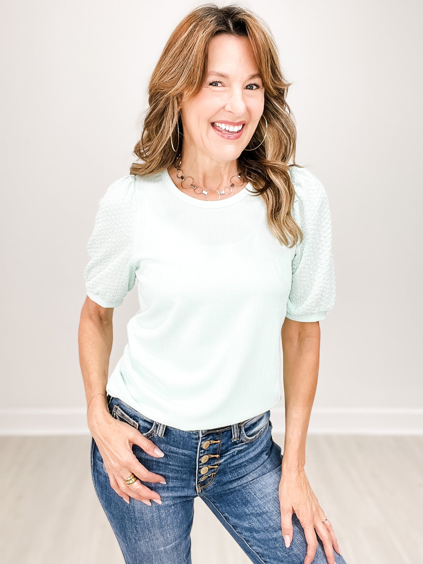 Puff Sleeve Textured Knit Top with Round Neckline