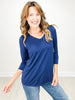 V-Neck Poly Blend 3/4" Sleeve Top in NAVY