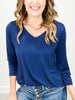 V-Neck Poly Blend 3/4" Sleeve Top in NAVY