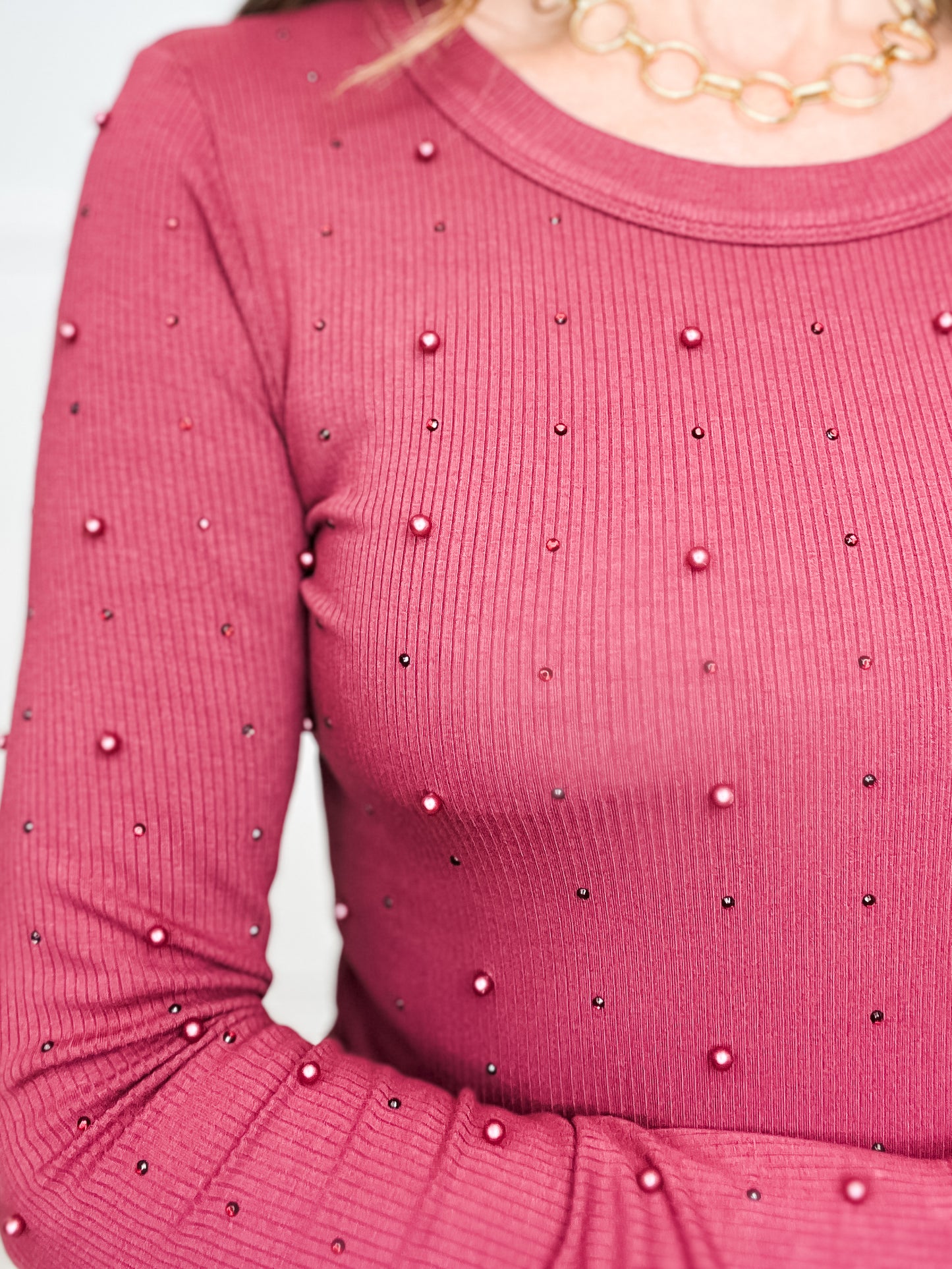 Long Sleeve Solid Knit Top with Metallic and Pearl Detail