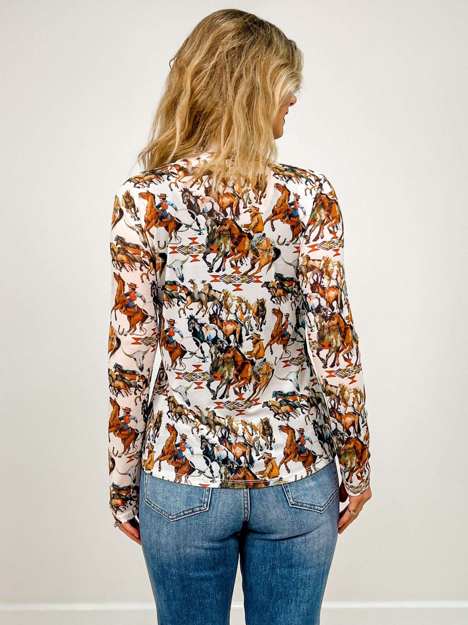 Western Cowboy Print Semi Sheer Mesh Top