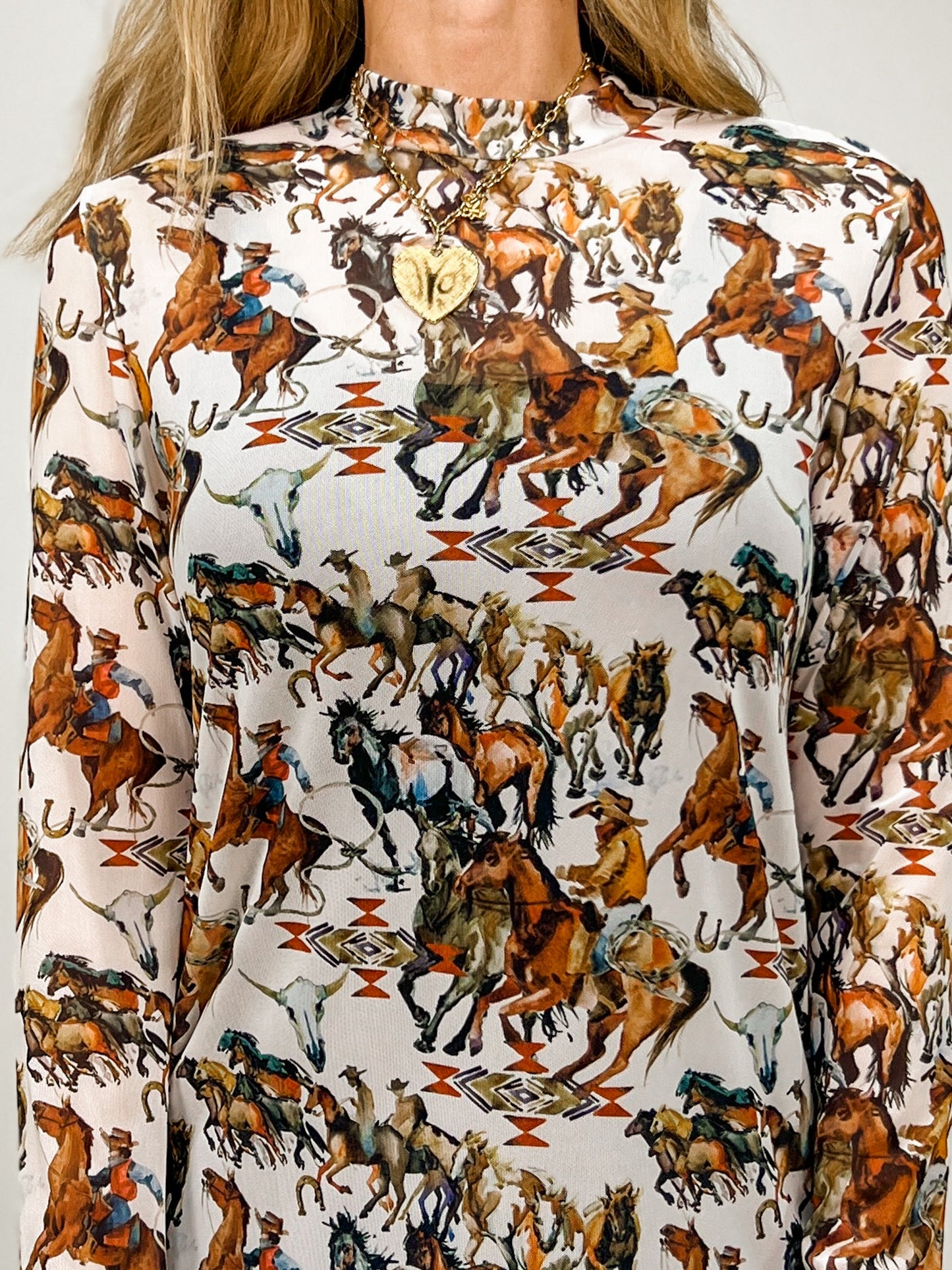 Western Cowboy Print Semi Sheer Mesh Top