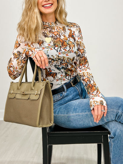 Western Cowboy Print Semi Sheer Mesh Top