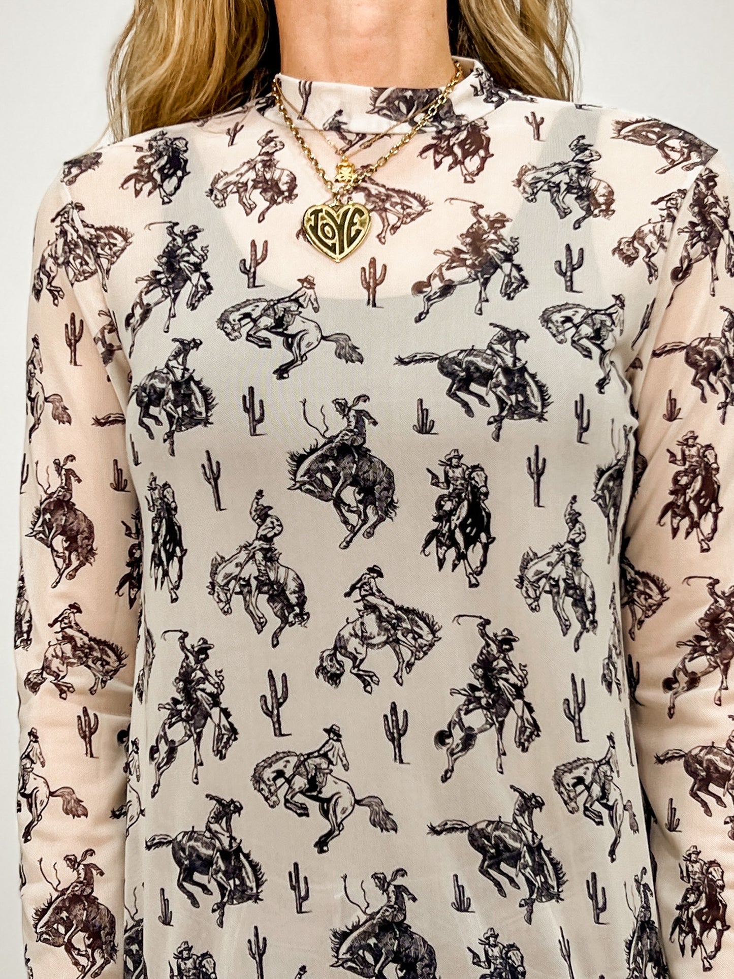 Cowboy Print Mock Neck Mesh Top