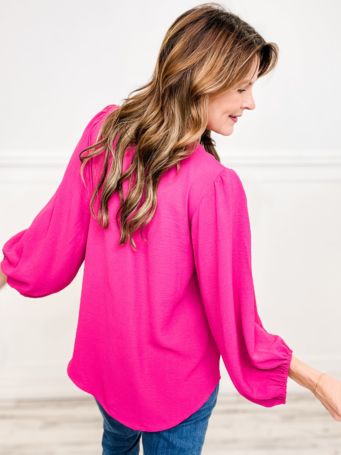 V-Neck Long Sleeve Top with Bubble Sleeves