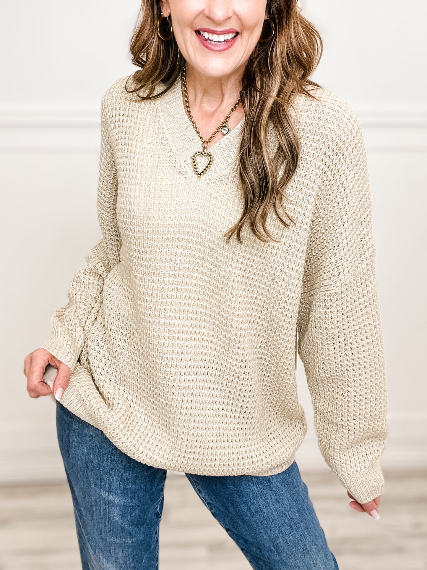 Long Sleeve Solid Knit V-Neck Sweater with Metallic Details