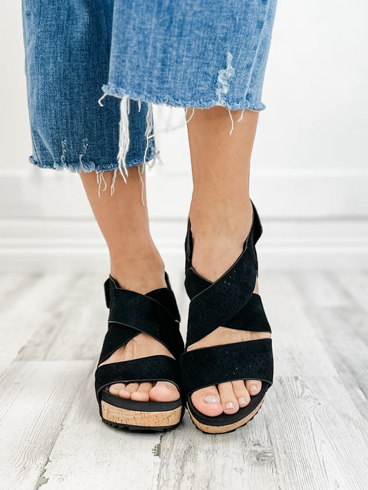 Corky's Guilty Wedge Sandal in Black Faux Suede