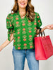 Floral Print Split Ruffle Neck Top with Bubble Sleeves
