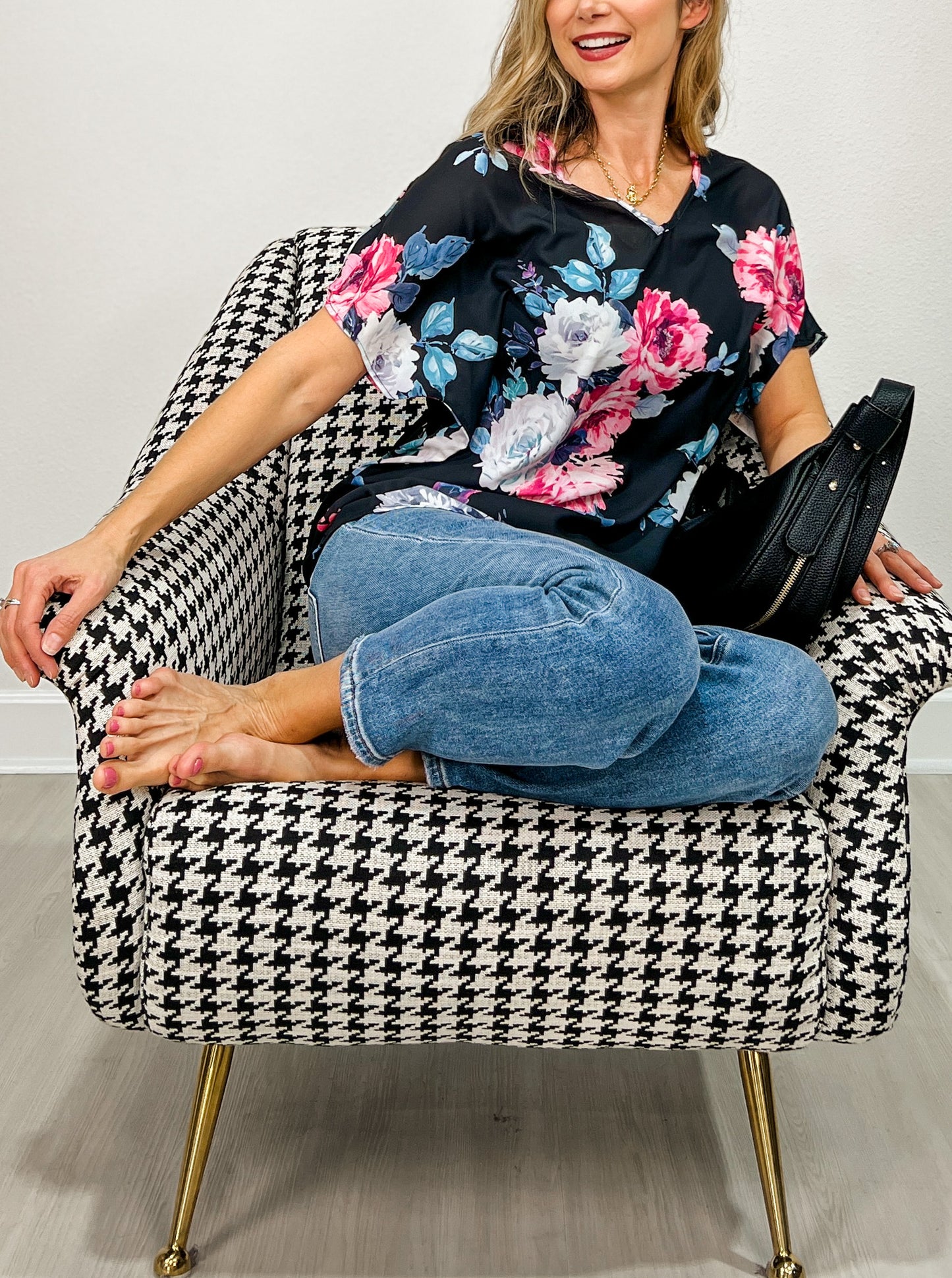 Floral Print Relaxed Woven V Neck Top