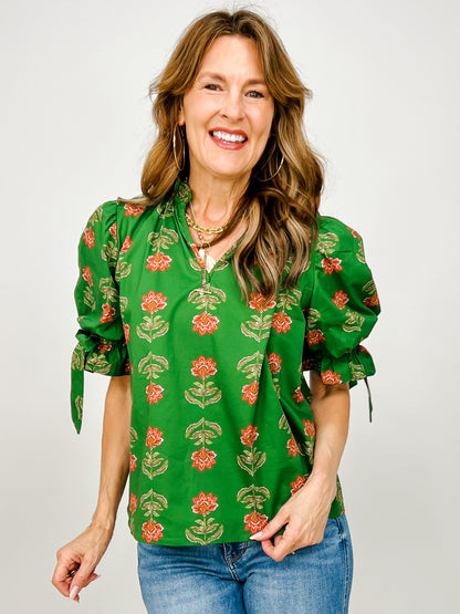 Floral Print Split Ruffle Neck Top with Bubble Sleeves