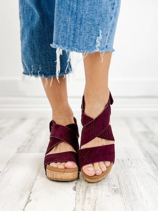 Corky's Guilty Wedge Sandal in Wine Faux Suede