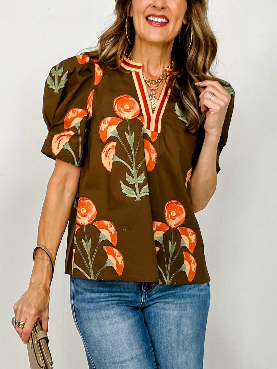 Floral Print Puff Short Sleeve Top with Accent V-Neckline