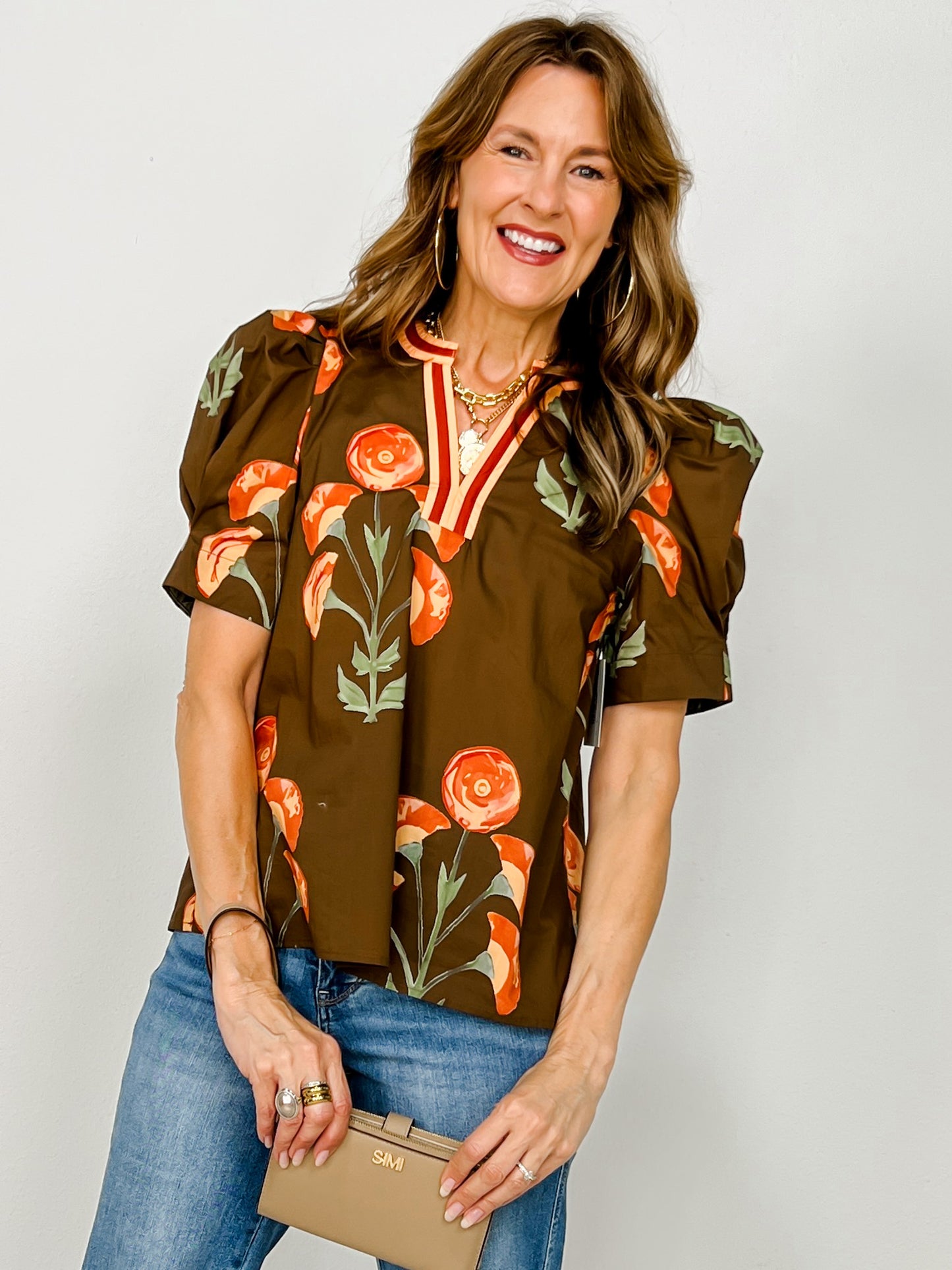 Floral Print Puff Short Sleeve Top with Accent V-Neckline