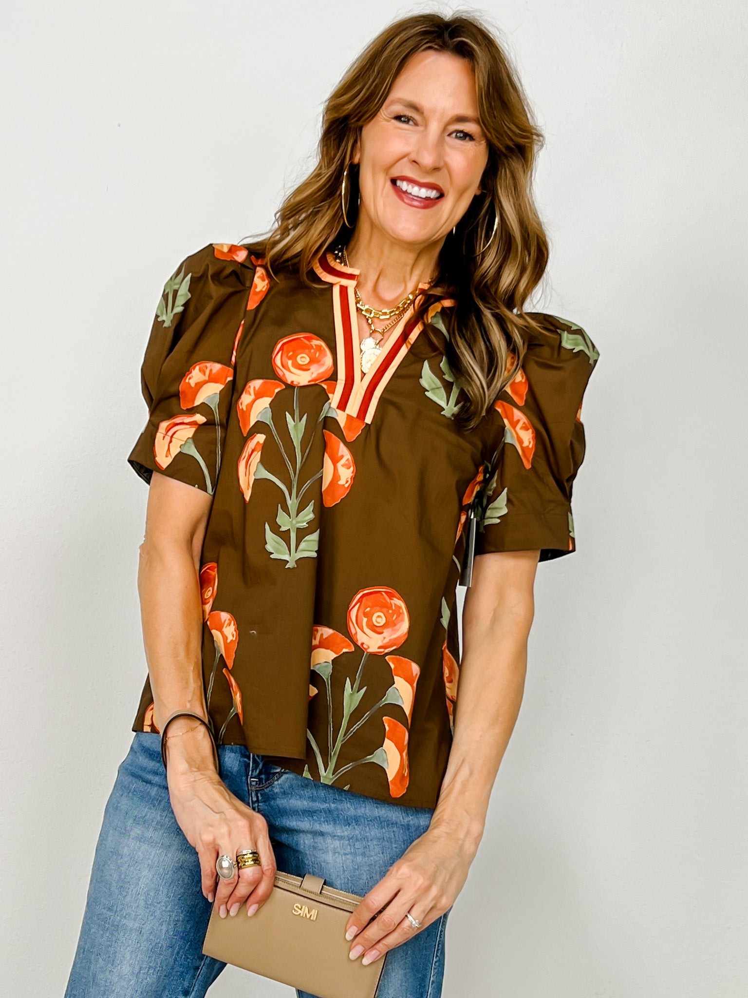 Floral Print Puff Short Sleeve Top with Accent V-Neckline