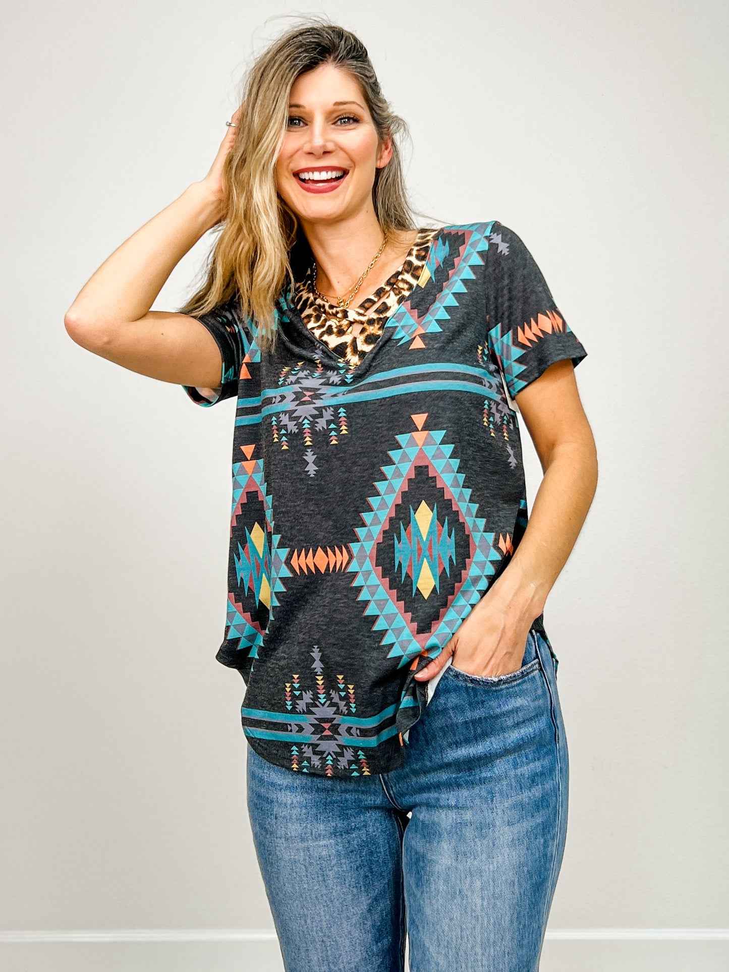 Aztec Print Crossed V Neck Detail Top