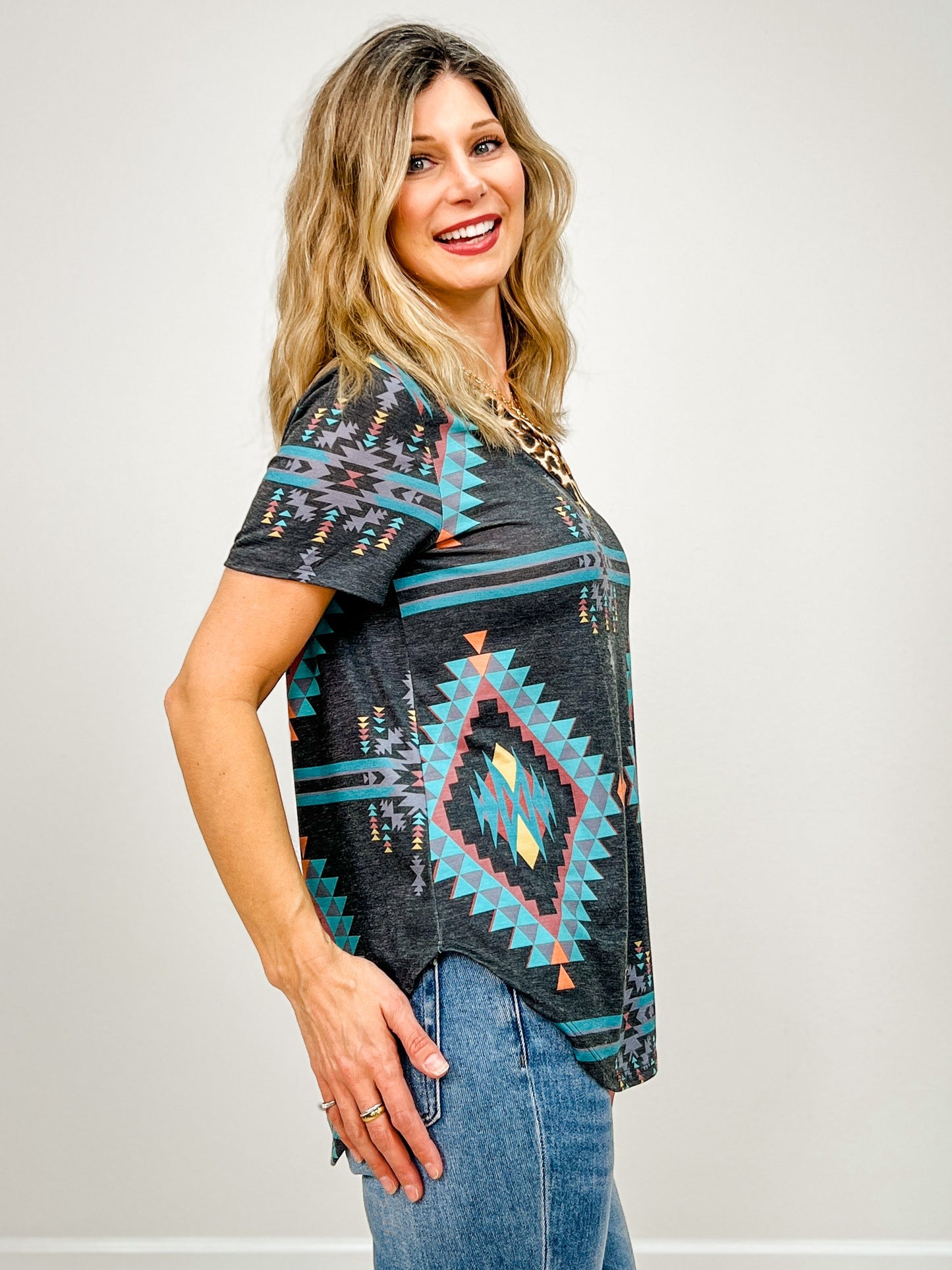 Aztec Print Crossed V Neck Detail Top