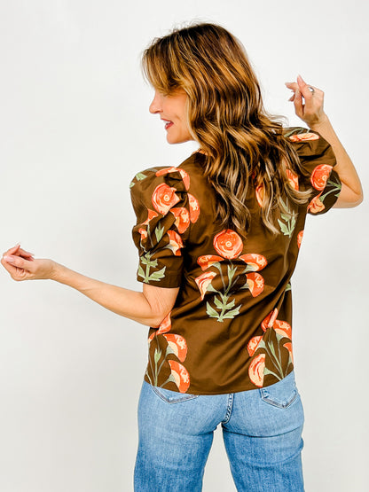 Floral Print Puff Short Sleeve Top with Accent V-Neckline