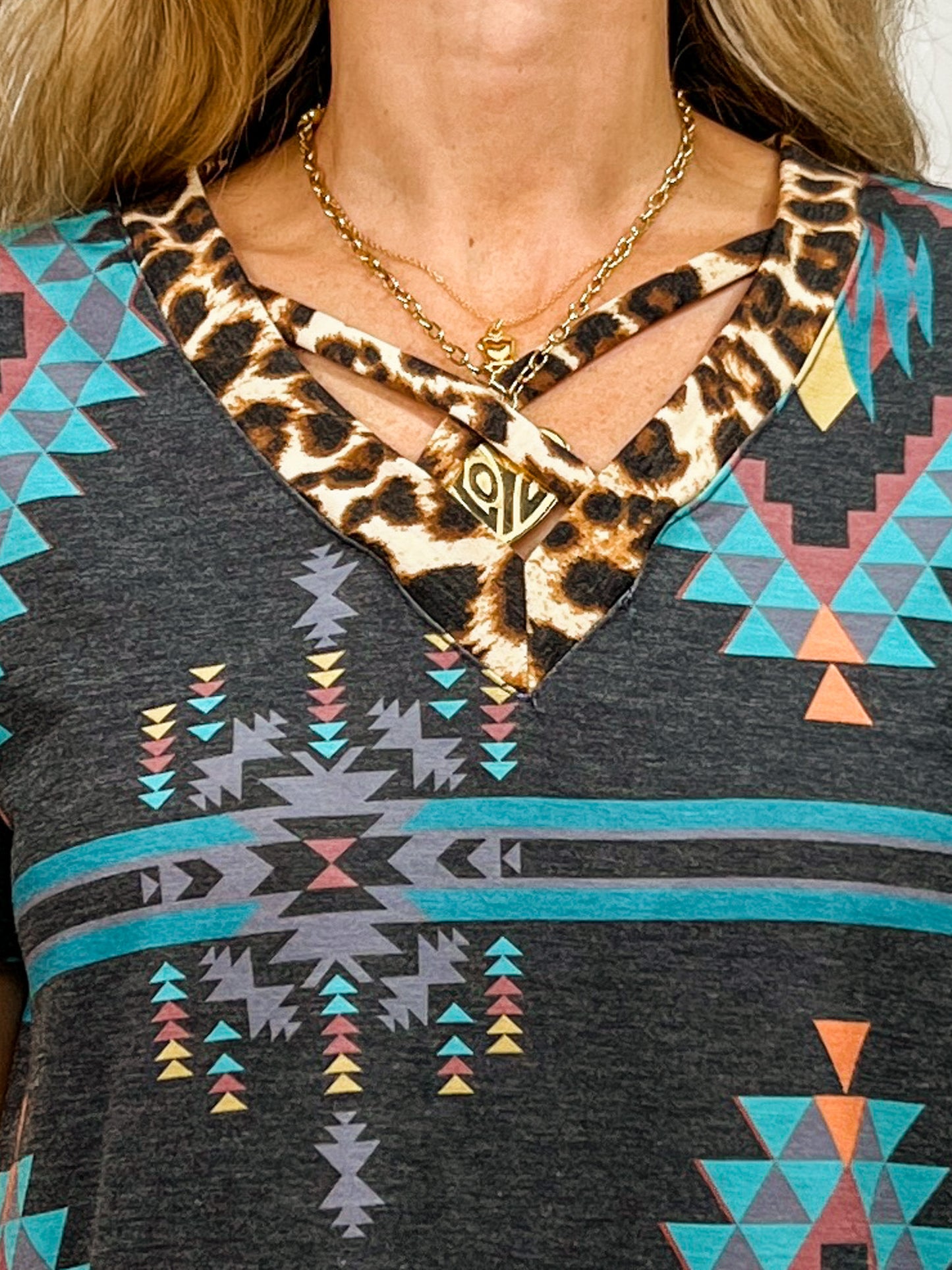 Aztec Print Crossed V Neck Detail Top