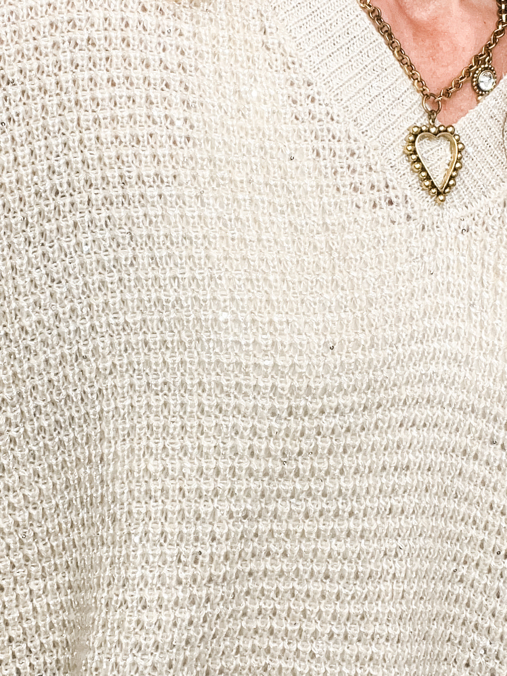 Long Sleeve Solid Knit V-Neck Sweater with Metallic Details