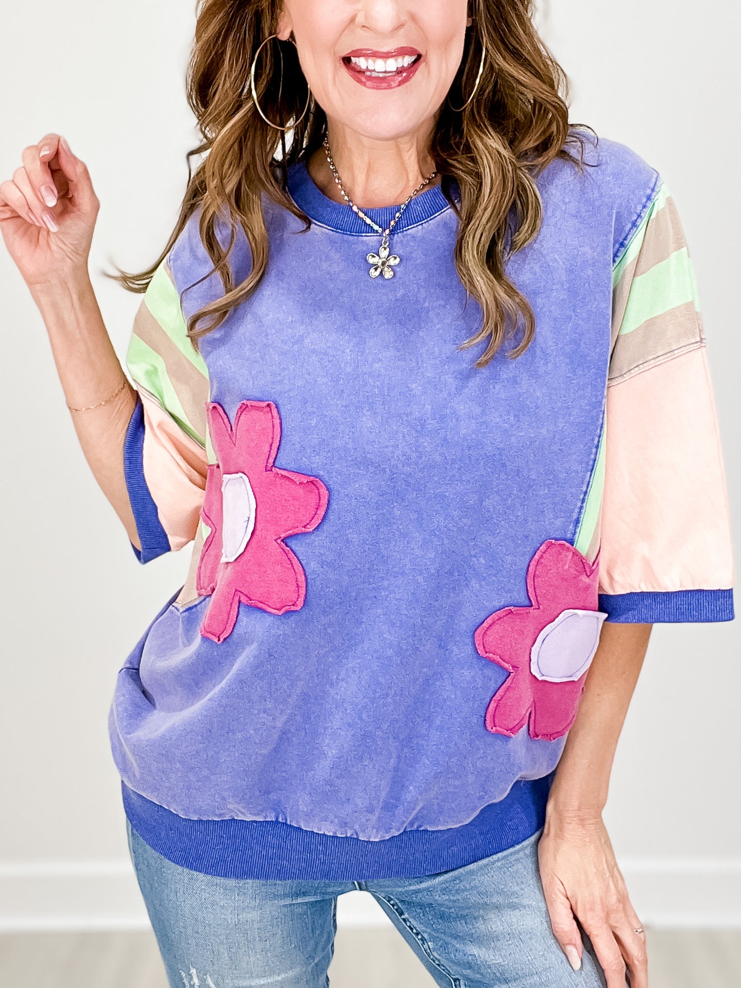 Color Block Flower Patch Terry Knit Pullover Top