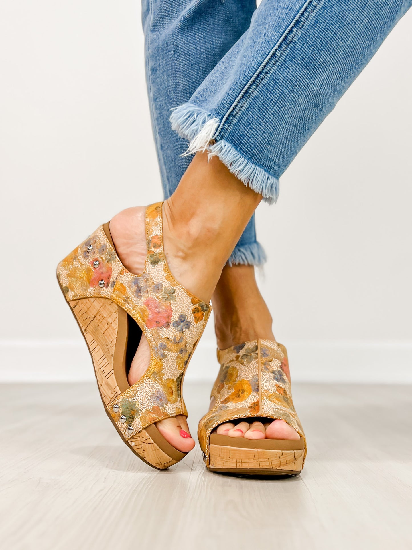 Corkys Carley Wedges in Camel Washed Flower
