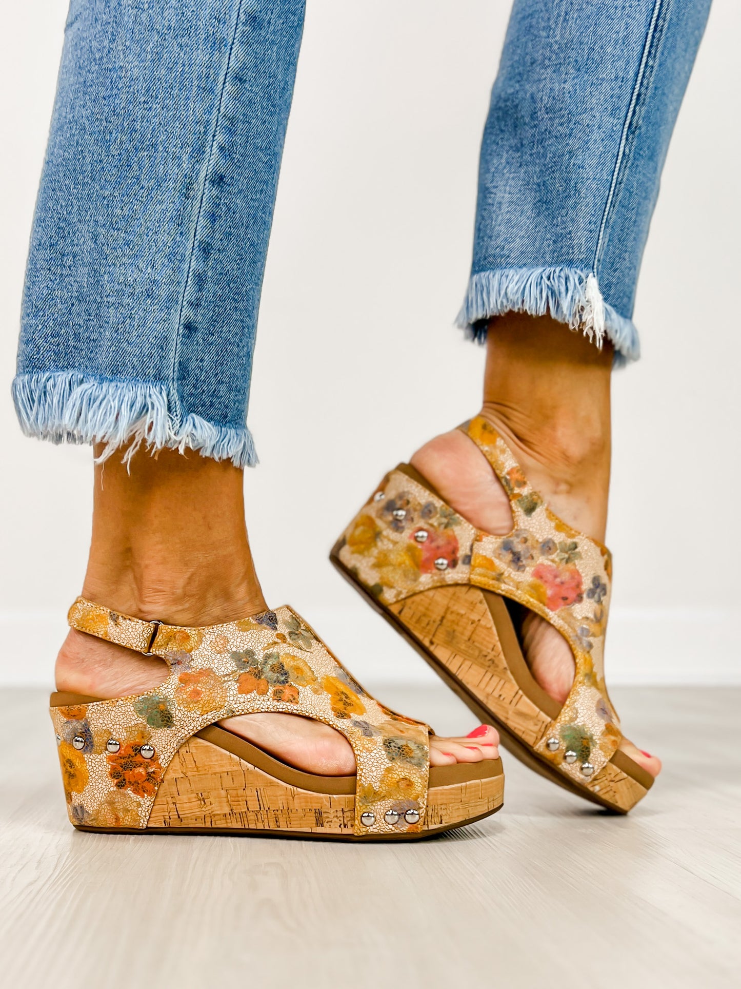 Corkys Carley Wedges in Camel Washed Flower