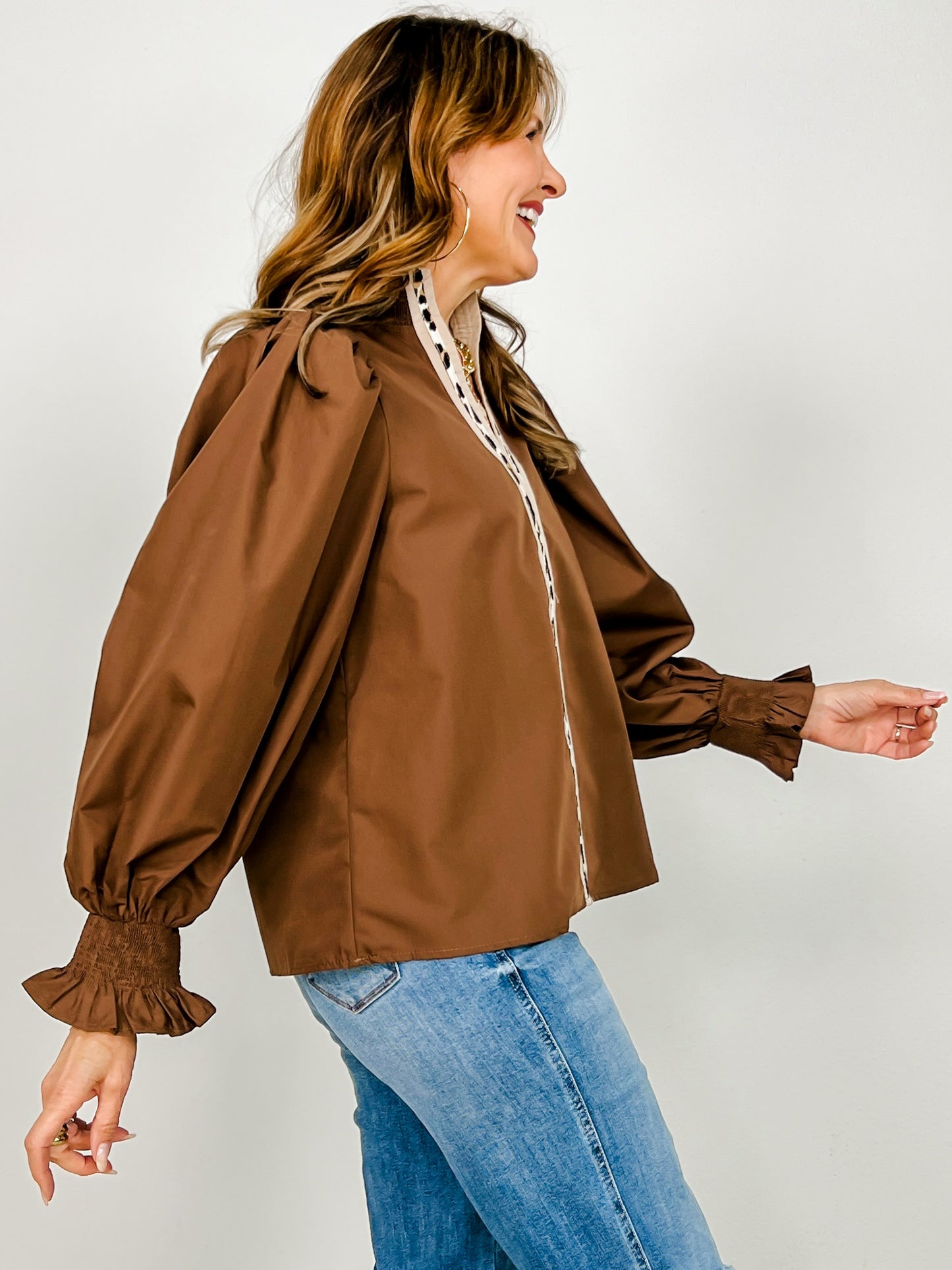 Long Smocked Sleeve Top with Ruffled Mock Neck