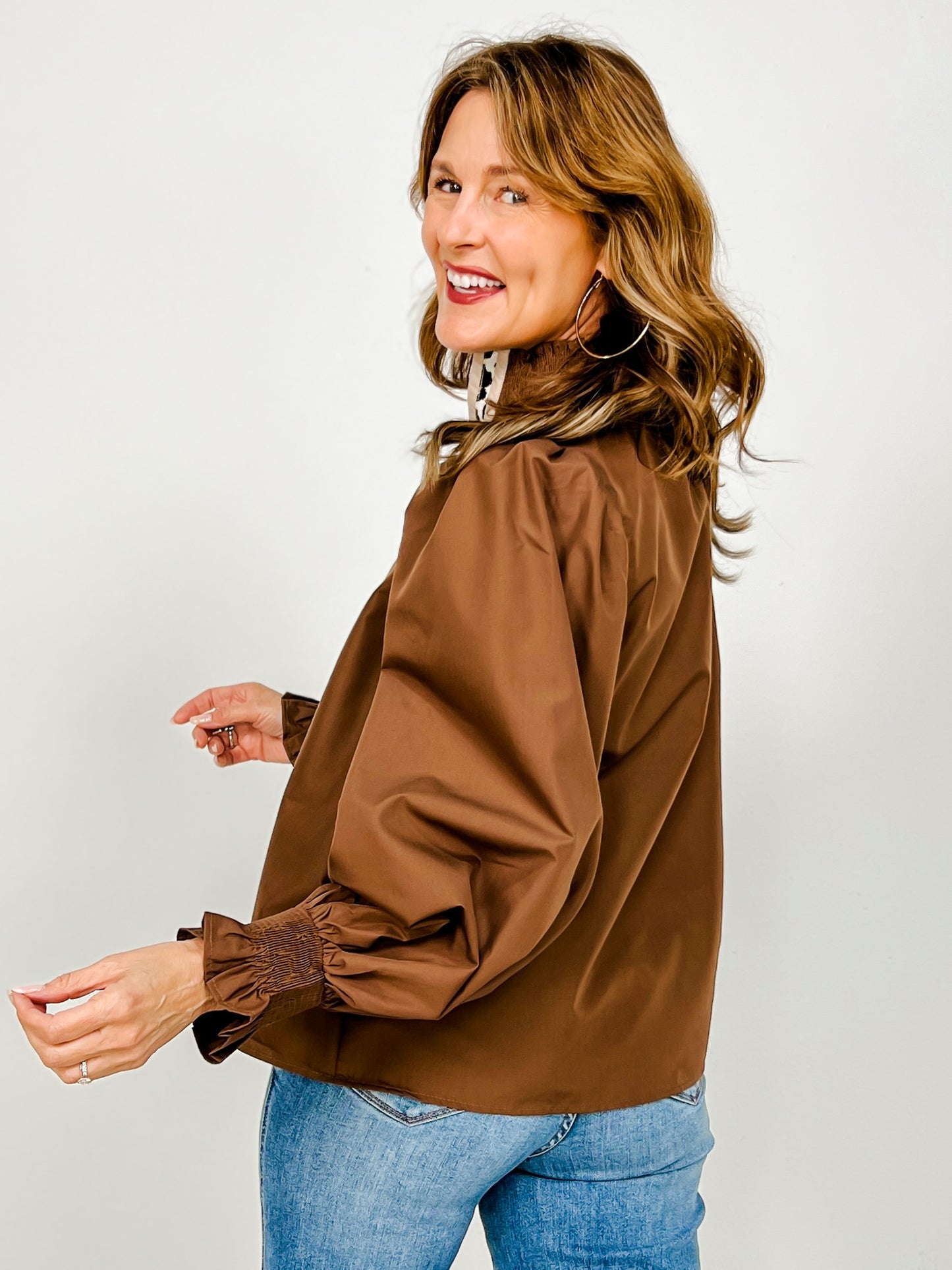 Long Smocked Sleeve Top with Ruffled Mock Neck