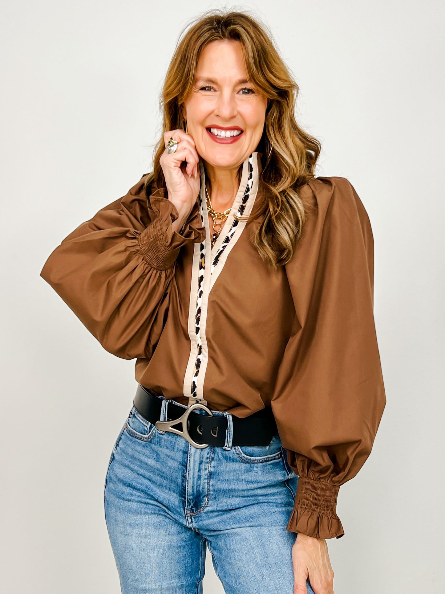 Long Smocked Sleeve Top with Ruffled Mock Neck