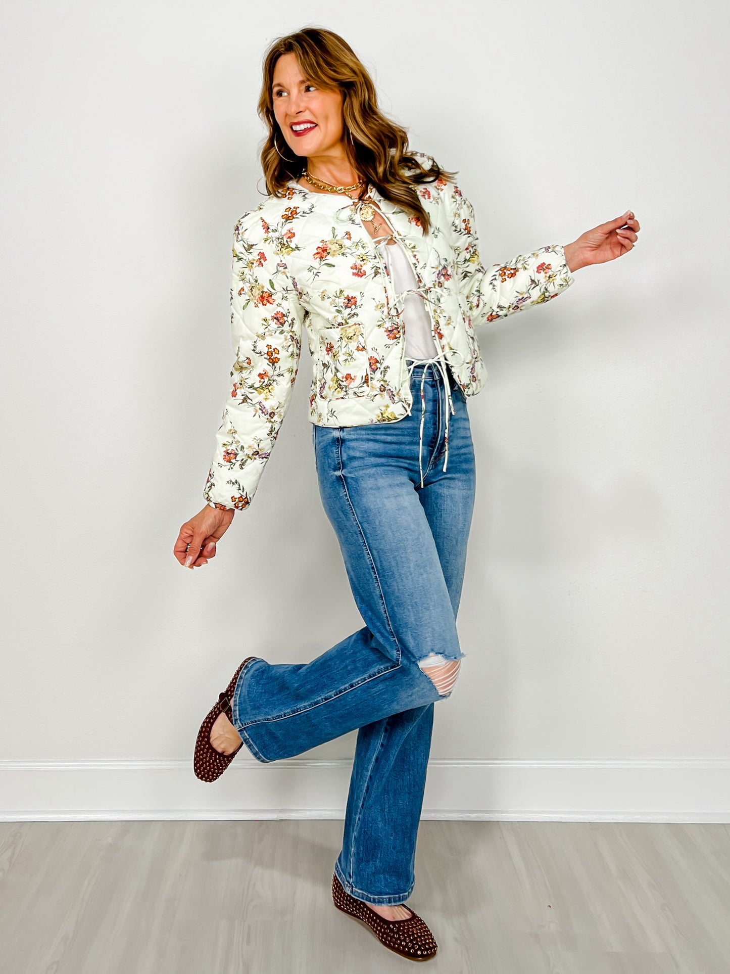 Floral Print Quilted Diamond Pattern Jacket