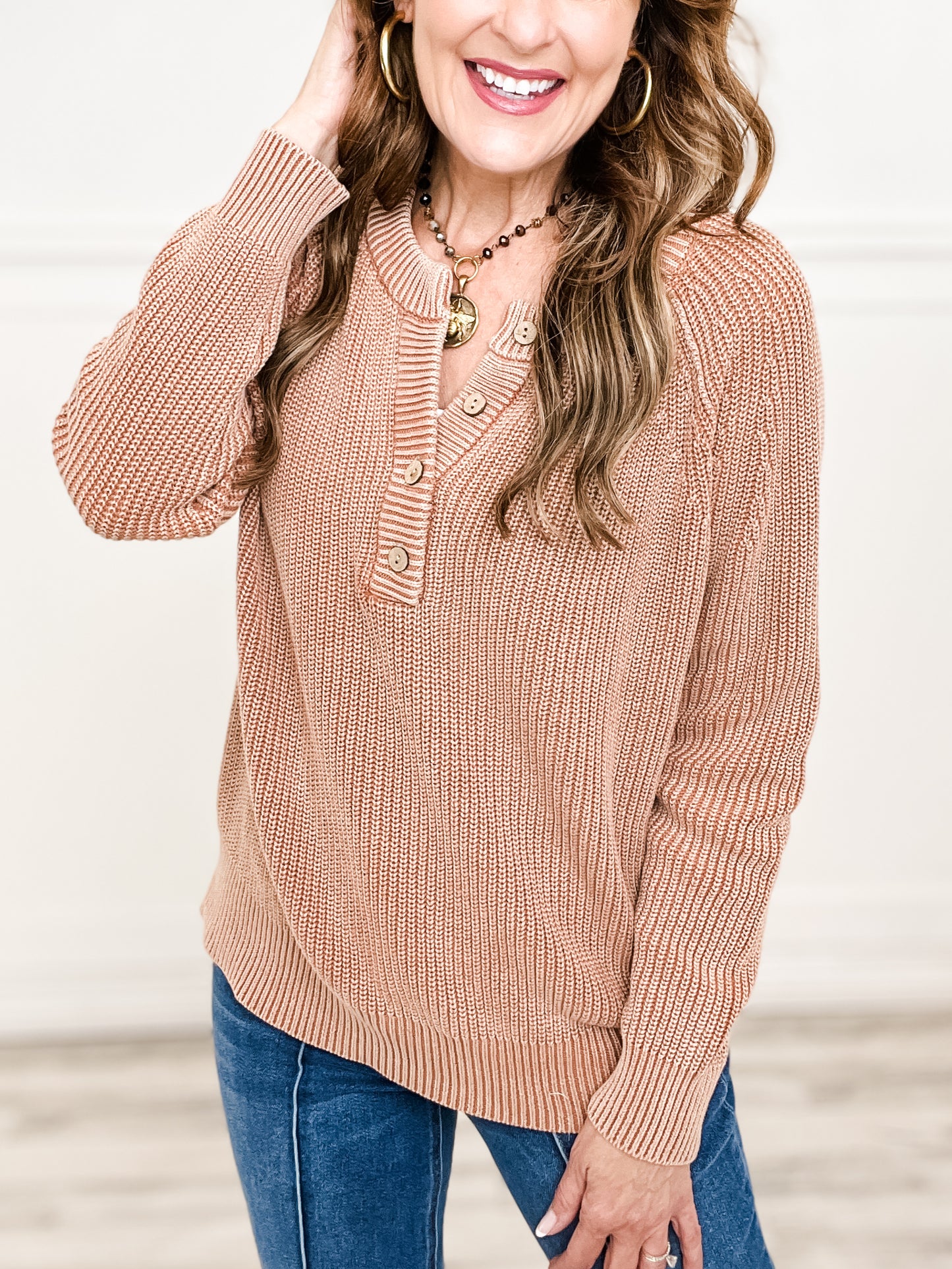 Washed Yarn Henley Button Up Sweater