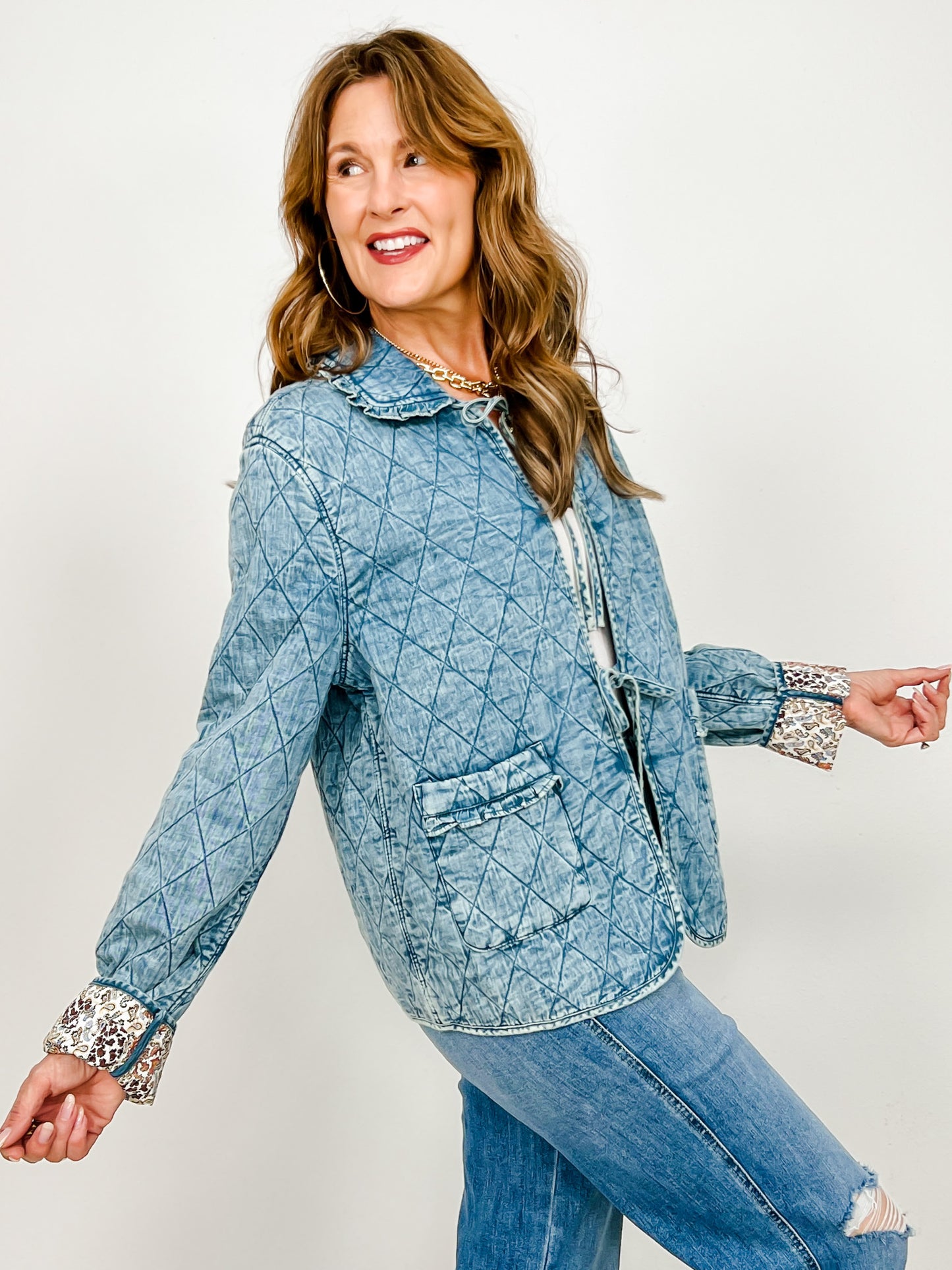 Bow Front Quilted Denim Washed Jacket