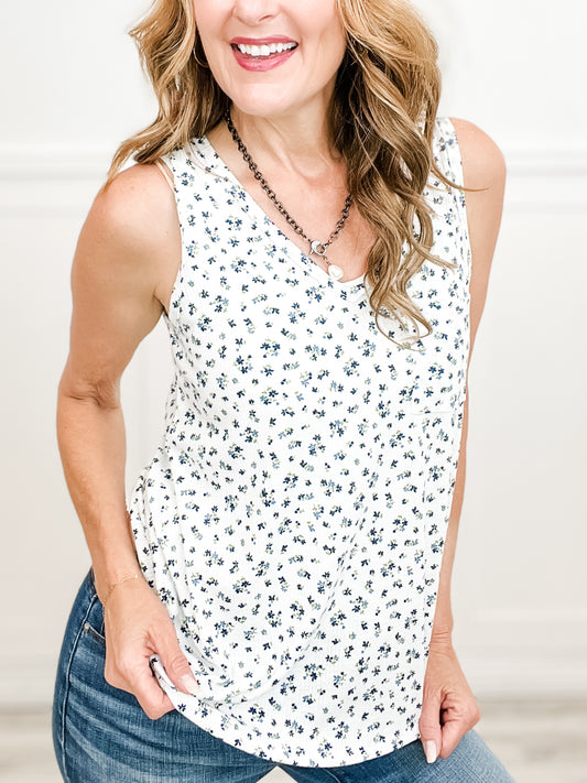 Two Sweet Floral Tank Top with V-Neckline and Front Accent Pocket
