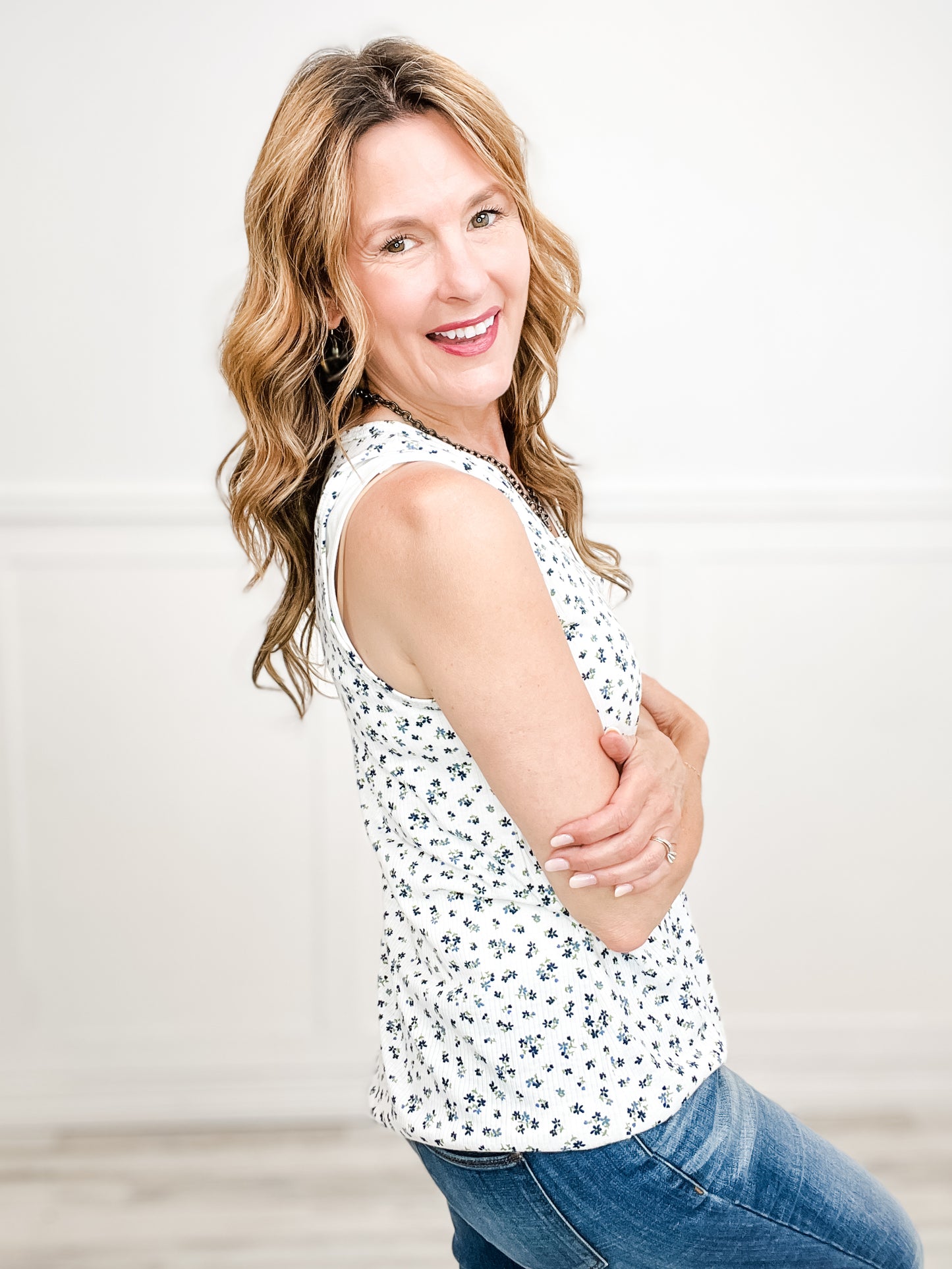 Two Sweet Floral Tank Top with V-Neckline and Front Accent Pocket