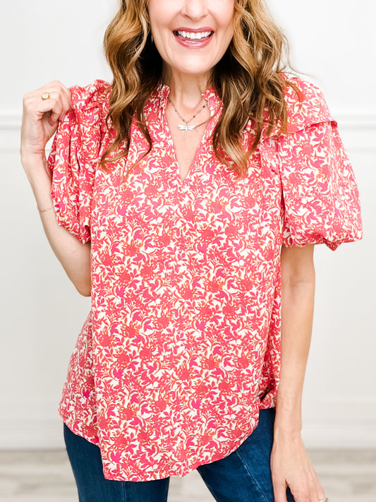 The Best Day Floral V-Neck Puff Sleeve Top with Ruffle Detail Shoulders