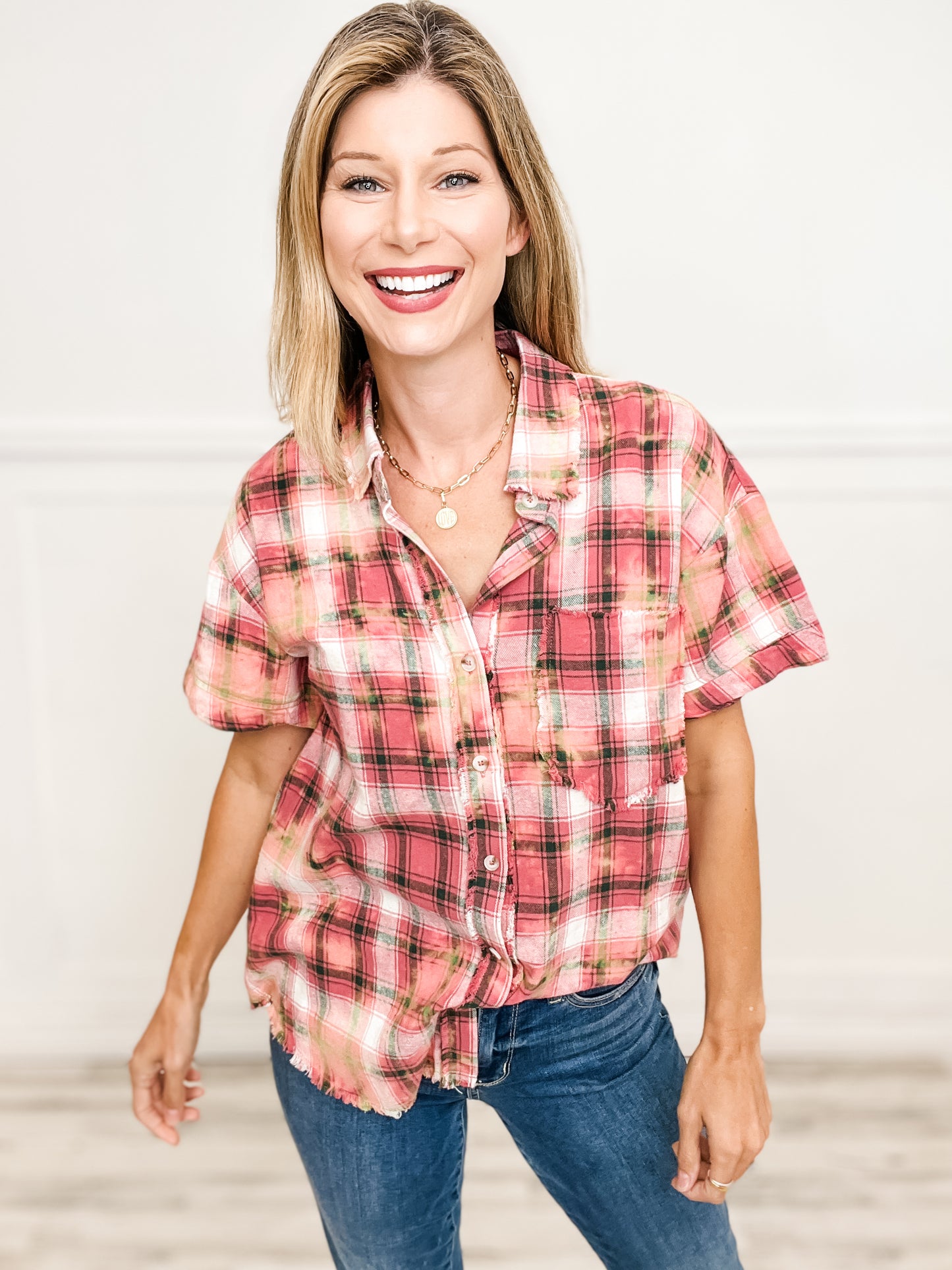 Vintage Mineral Washed Button Down Collared Short Sleeve Top