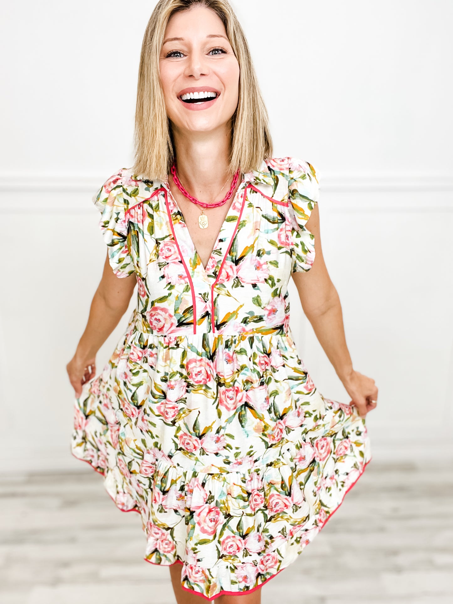 Summer Garden Floral print Mini Dress with Ruffled Sleeves