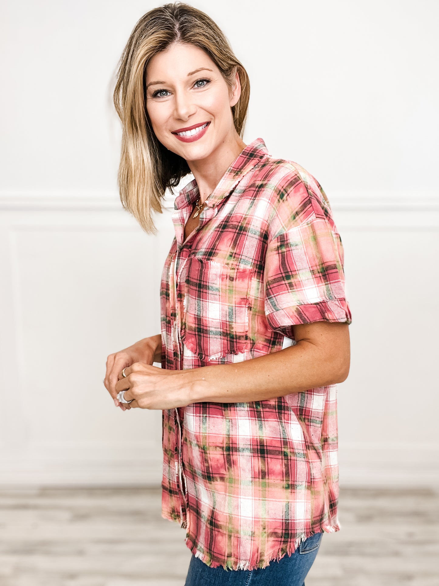 Vintage Mineral Washed Button Down Collared Short Sleeve Top