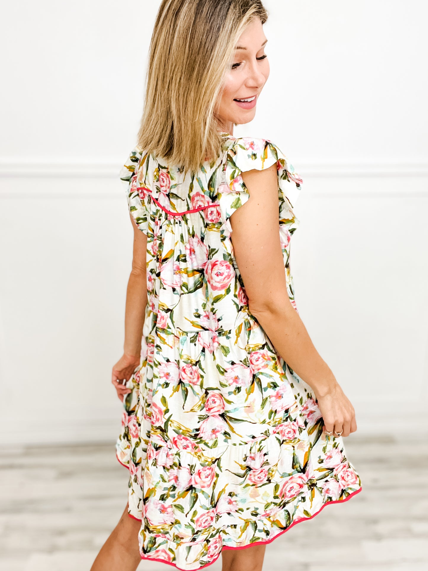 Summer Garden Floral print Mini Dress with Ruffled Sleeves